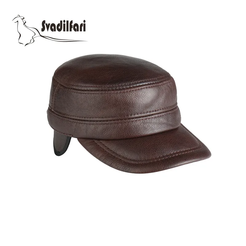 Высококачественная стильная военная шапка из натуральной кожи, теплая зимняя шапка для мужчин с ушками на плоской подошве, мужская шапка, отличный подарок для папы