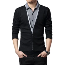 Осенняя одежда, модная трендовая мужская вязаная толстая футболка с длинным рукавом, Лоскутная рубашка с воротником, имитация двух дизайнерских топов для мужчин 5XL