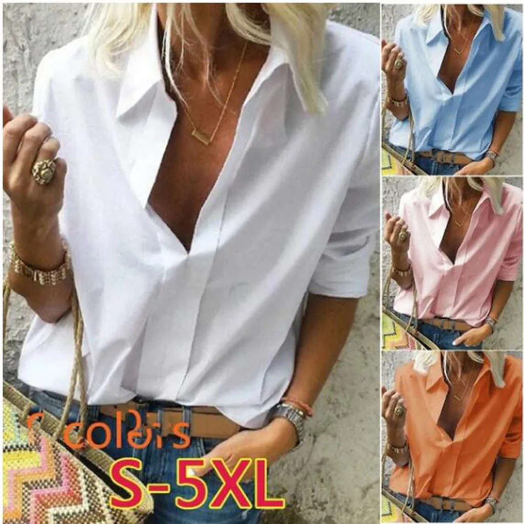 

S-5XL Fashion Work Office Solid Blouse Casual Ladies Sexy Loose V-Neck Tee Tops Female Women Long Sleeve Shirt Blusas Pullover