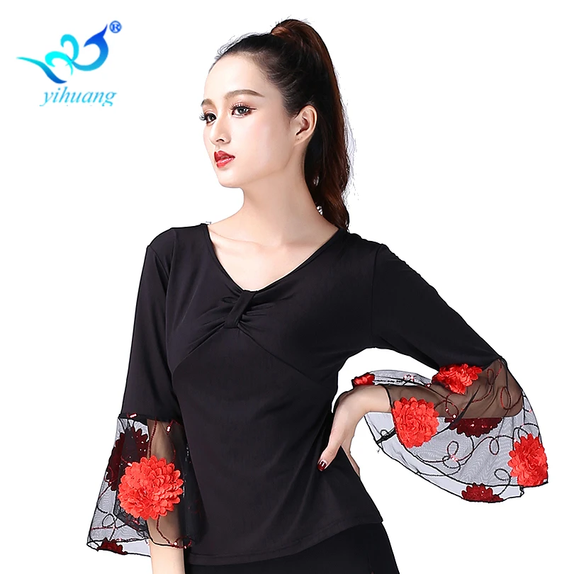 Cena Kostium do tańca towarzyskiego bluzki Flamenco standardowe nowoczesne stroje Waltz Latin Salsa Rumba Dancewear topy z długim rękawem
