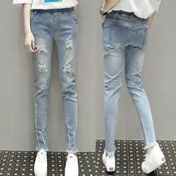 5xl плюс большой размер джинсы трусики женщины весна осень зима 2017 feminina стретч эластичный пояс отверстие джинсы женский A3018