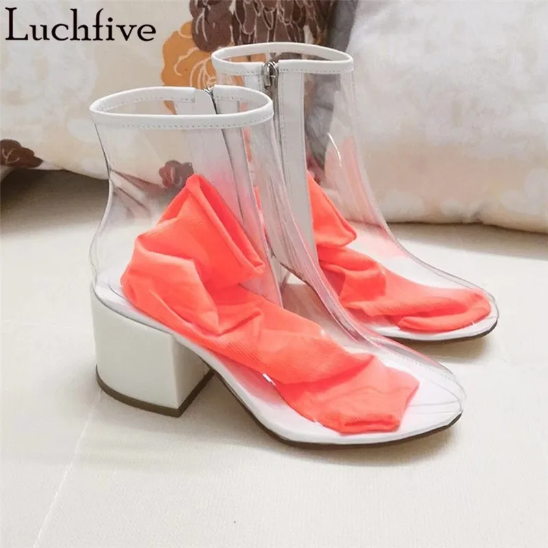 

Jelly candy color transparent clear PVC ankle boots for women 2018 sexy middle heels rain shoes with sock summer sandals female