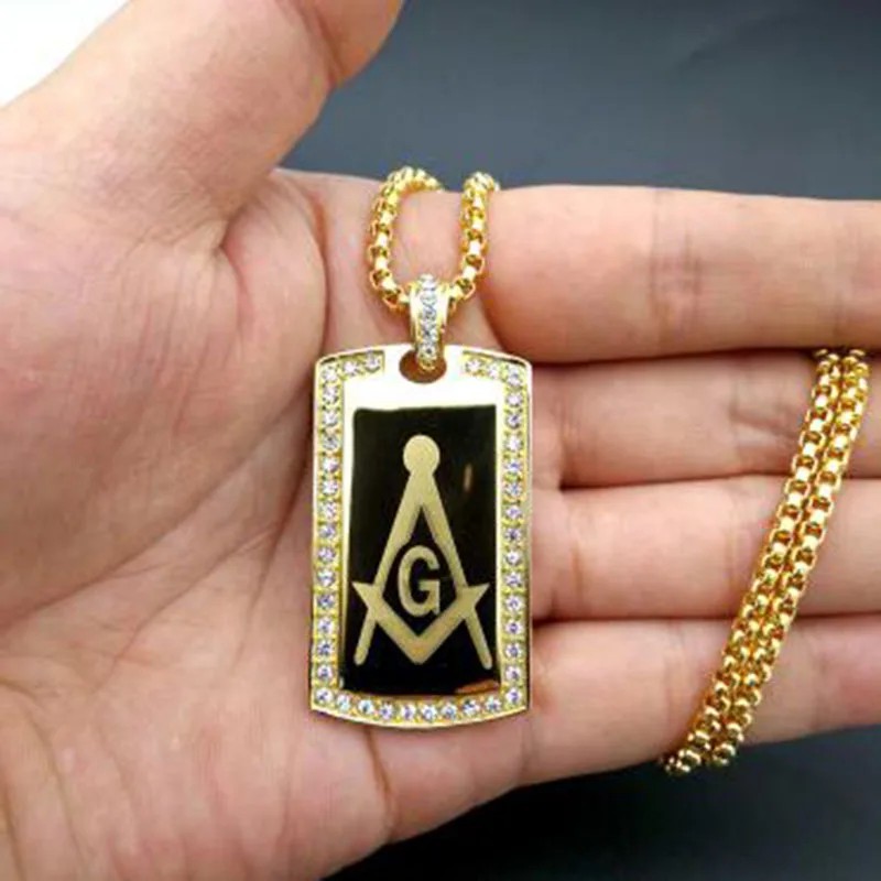 

Youling 2019 Pendant Necklace with CZ Men Jewelry Stainless Steel Freemason Gold Tone Hip Hop Accessories Men's Masonic Dog Tag