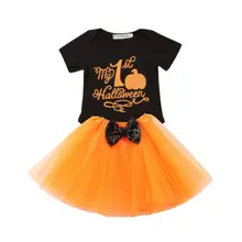 Хэллоуин для новорожденных для маленьких девочек ползунки Топы+ кружевные платье-пачка из тюля комплекты одежды