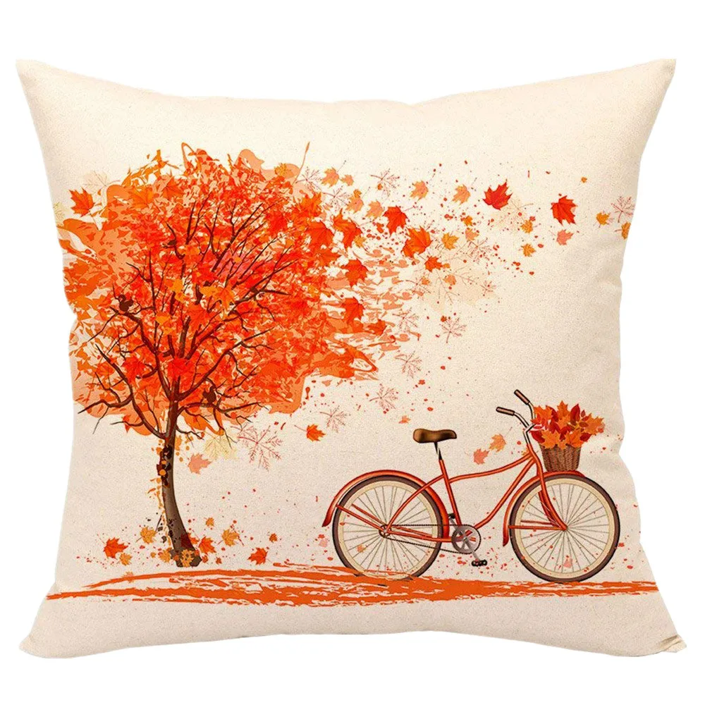 

Happy Autumn Tree Maple Leaf Bicycle Pillow Cover 18*18 Inch Retro Orange Tree Pattern cushion cases Linen pillowslip ornament