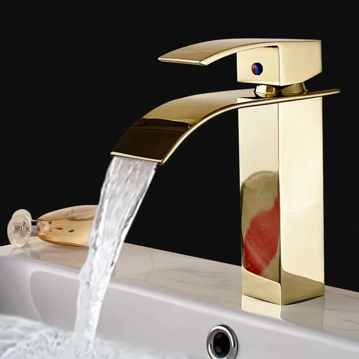 

Single lever Gold finishing Bathroom faucet square washroom sink faucets deck mounted waterfall washbasin tap mixer