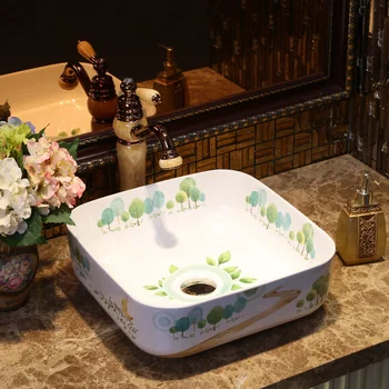 

Square Pastoral style Ceramic China Painting wash basin Bathroom vessel sinks counter top artistic basin porcelain vessel sink