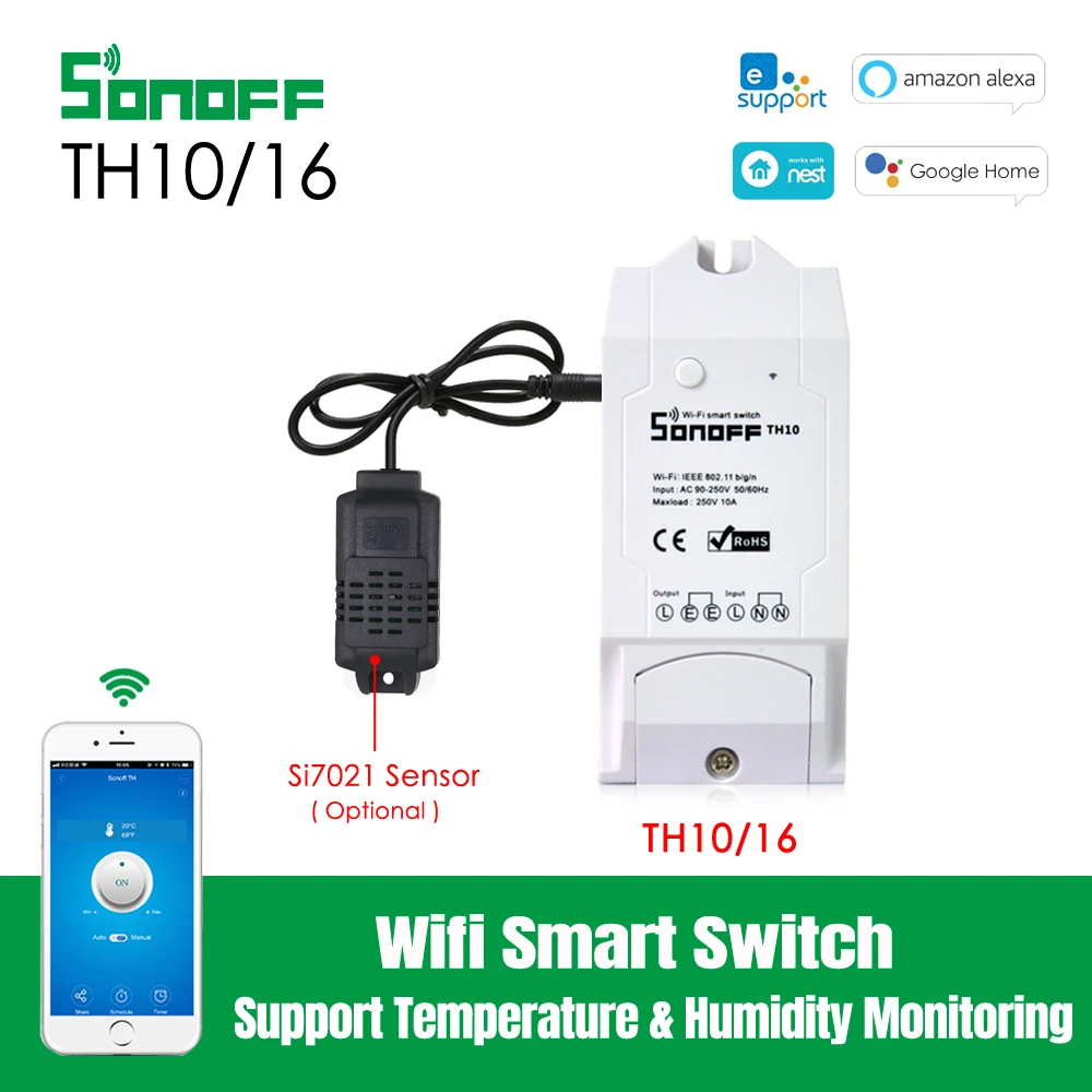 Умный Wi-Fi переключатель Sonoff TH16 TH10 16 А 10 с датчиком контроля температуры и