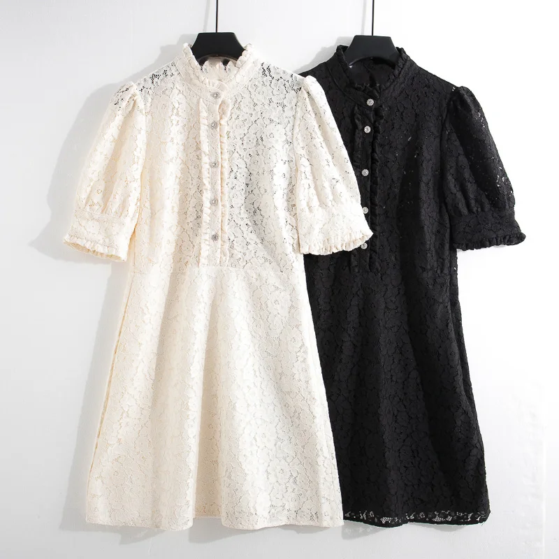 

Women's 2019 Summer Princess Dress Jewelry Button Fungus Collar Waist Slim Lace Dress