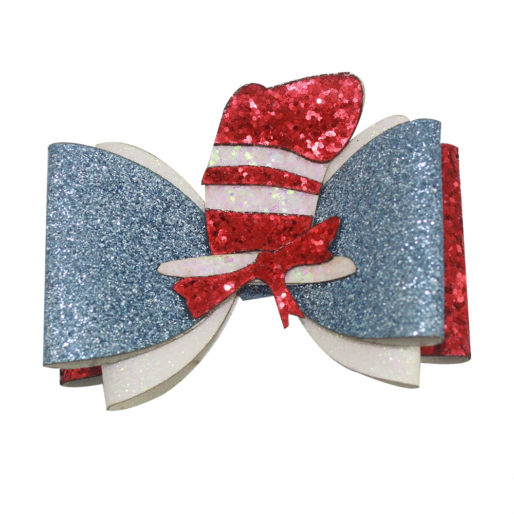 

4 inch Dr Seuss Things1 2 3 Sweet Barrettes Guitar Synthetic Leather embroidery Hair Bow Clips Shining Hair Accessories Princess