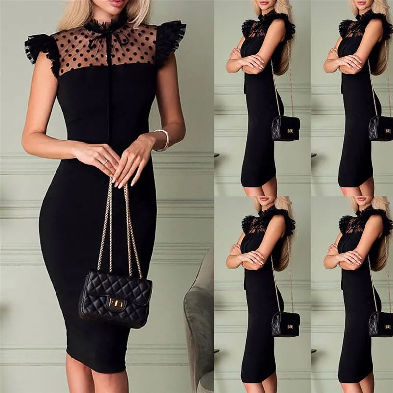 Women Elegant Mesh Patchwork See Through Bandage Dress Turtleneck Dot Black Dress Bodycon Evening Party Clubwear Knee Dress USA