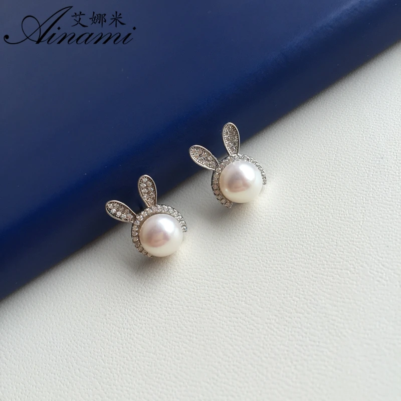 [Ainami] Rabbit Earrings 7-7.5mm Natural Freshwater Pearl Studs 925 Sterling Silver Brand Jewelry Free shiping | Украшения и