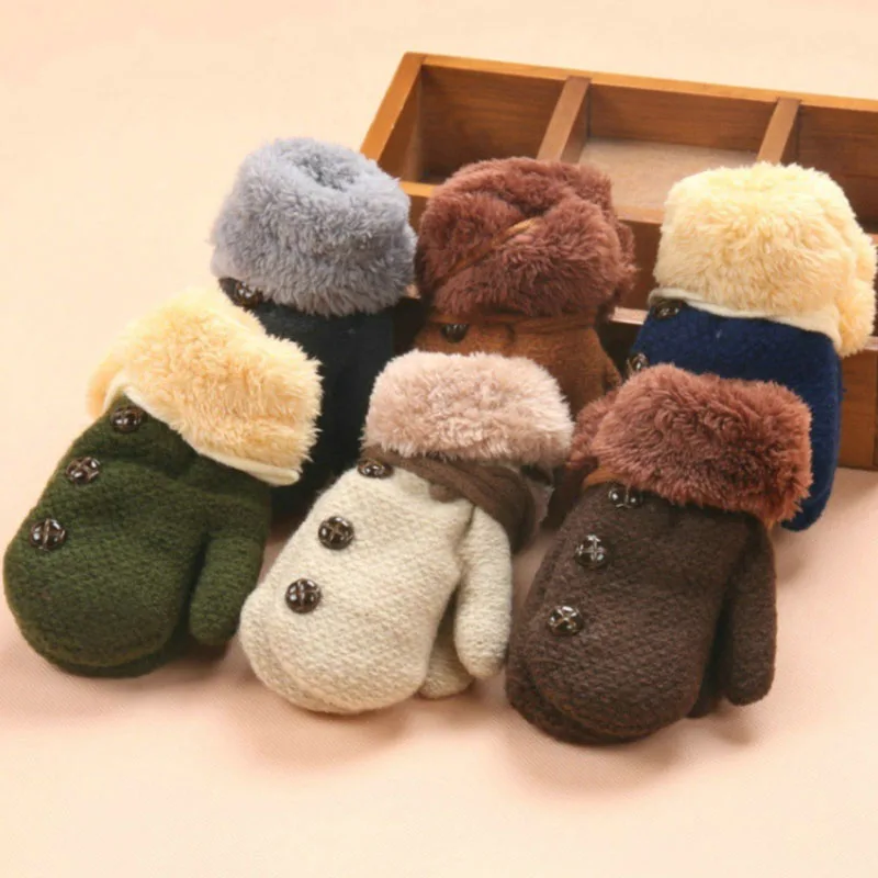 

6-18 Months Baby Boy Girl Knit Gloves Winter Children Warm Ropes Mittens Cotton Wool Solid Button Gloves st1