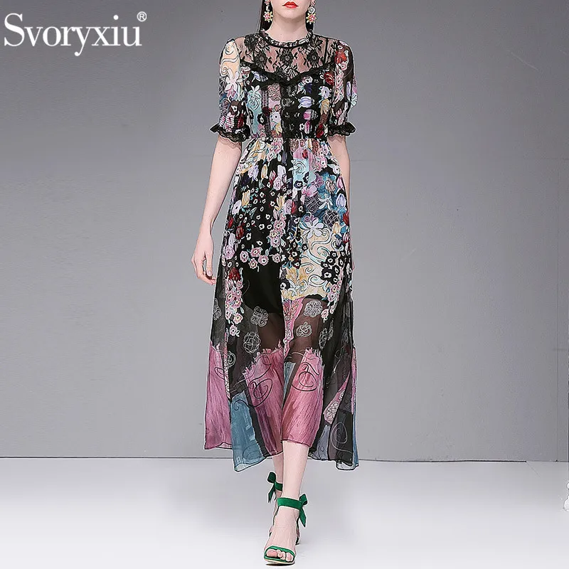 

Svoryxiu Vintage Flower Print Beach Vacation Chiffon Lace Maxi Dress Women's Designer Summer Party Long Sleeve Long Dresses