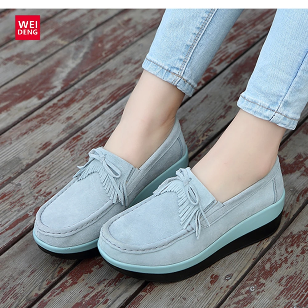 

WeiDeng Women High Platform Genuine Leather Suede Wedges Shake Leisure Creepers Rubber Slip On Casual Walking Shoes