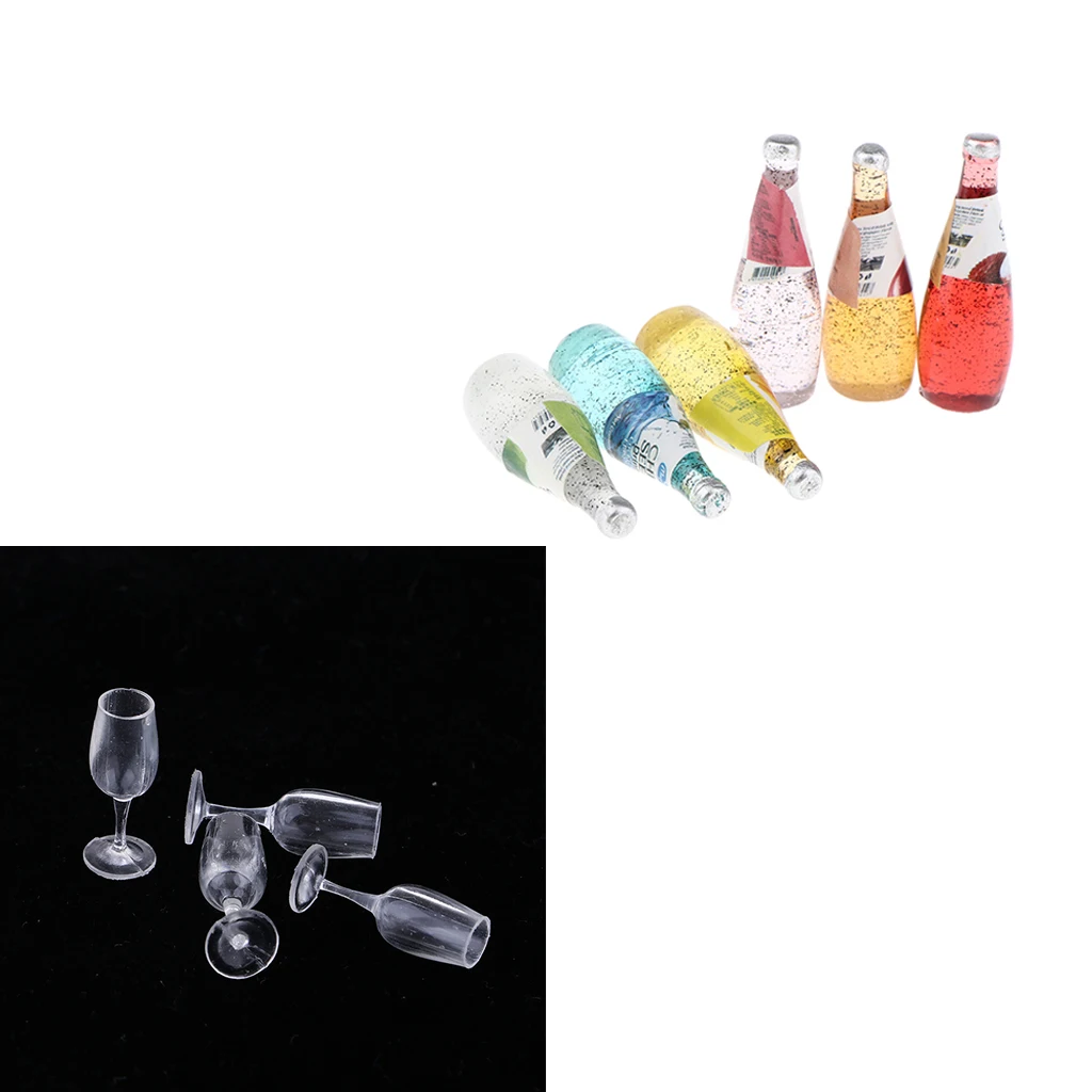 10 Pieces Cocktail Bottles & Goblets for 1/12 Scale Dollhouse Kitchen Dining Room Miniatures Accessories