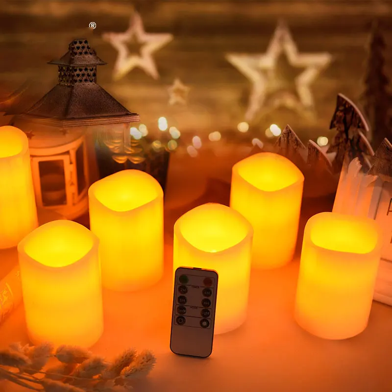 

Pack of 6 Remote And Timer Paraffin Wax Pillar Candles, Smokeless 4 inch height Battery Candle LED,Battery not Included