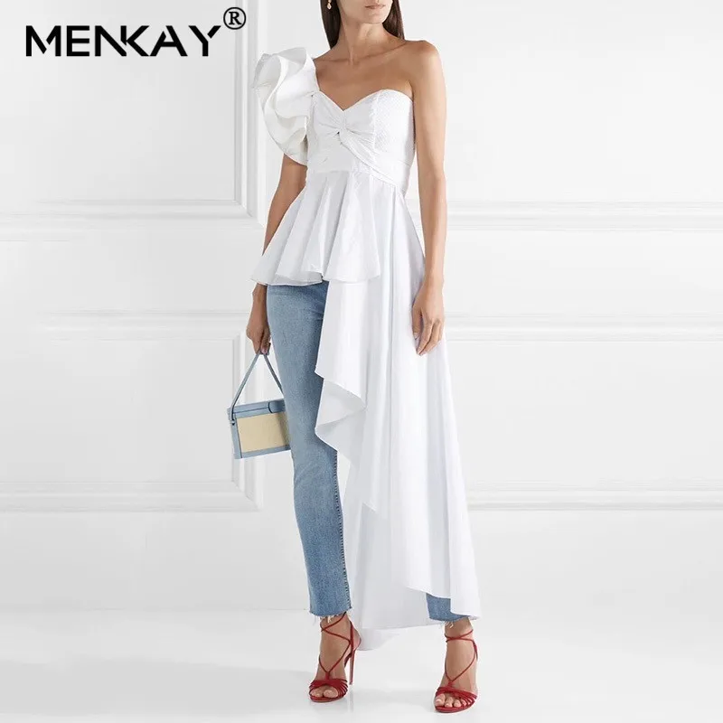 

[MENKAY] Asymmetrical Ruffles Tops Female Off Shoulder Irregular Butterfly Sleeve Sexy Women Fashion 2019 Summer Beach New