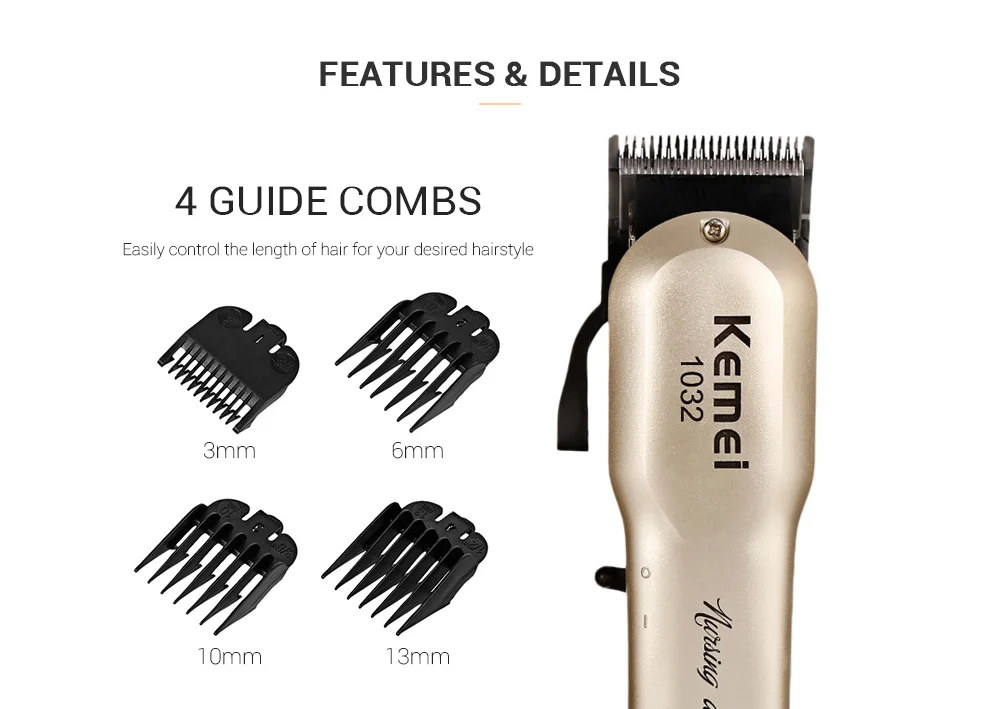 Kemei KM - 1032 Adjustable Cordless Powerful Motor Hair Clipper with 4 Guide Comb