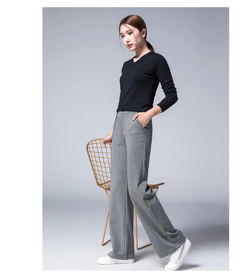 2018 осенние новые винтажные женские длинные брюки большого размера на молнии клетчатая Высокая талия прямые повседневные свободные серые