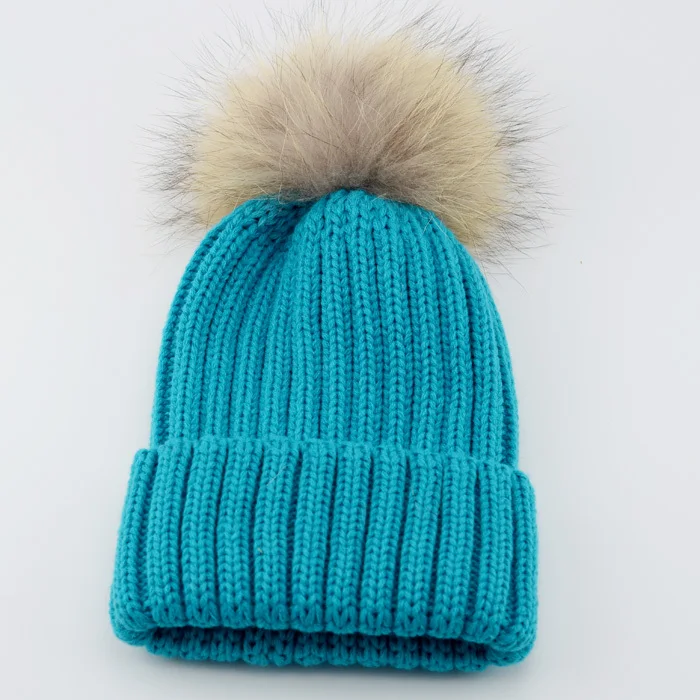 Многоцветная вязаная шапка с нитями, действительно большой зимний шарик из меха енота - Цвет: blue