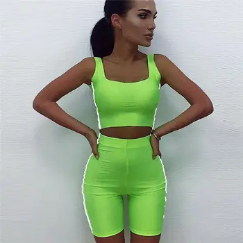 

Two Piece Set Women Fluorescent Casual Top Vest Legging Shorts Pants Tracksuit Outfit Summer Women Set 2019