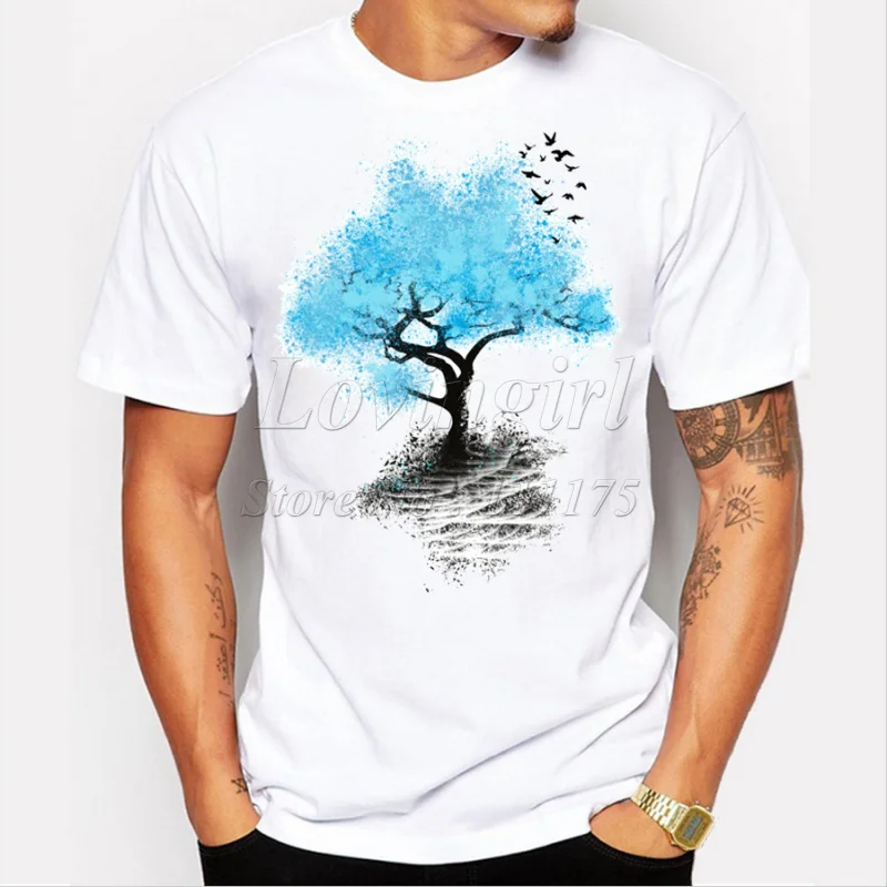 

Newest 2018 men's fashion short sleeve t-shirt blue tree and birds printed tee shirts Hipster O-neck popular tops