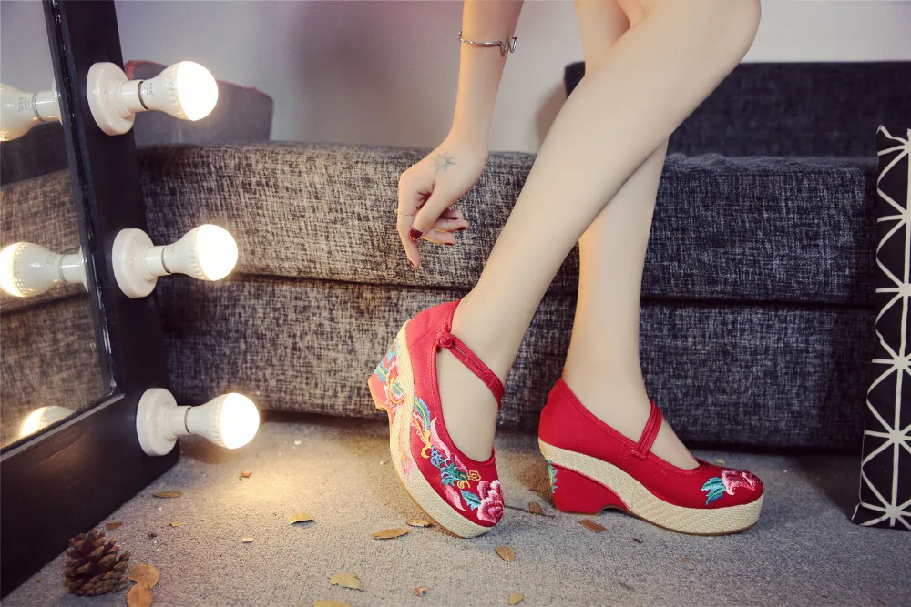 Veowalk/Женская парусиновая обувь на платформе и массивном каблуке с вышивкой в китайском Фениксе; женские эспадрильи на толстой подошве с пряжкой; туфли-лодочки