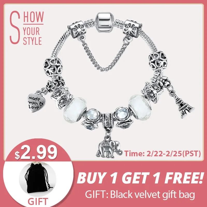 

2016 Vintage 925 Silver Murano Glass Beads Bracelets For Women Animal Owl Elephabet Heart Charms Bracelets&Bangles DIY Jewelry