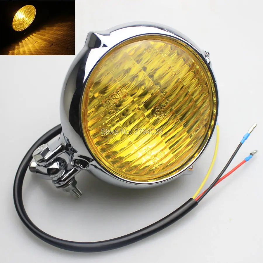 Motorcycle Custom Bates Style Chrome Housing Amber Lens HeadLight For