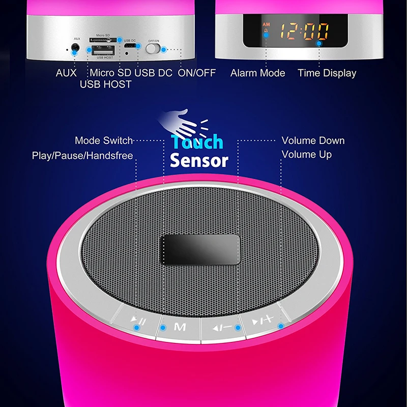 Ночной светильник s беспроводной Bluetooth динамик с будильником, сенсорный светодиодный прикроватный светильник Ruoi+ затемняемый теплый светильник и изменение цвета