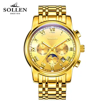 

2017 Luxury SOLLEN Brand Watch Men Luminous Moon phase Automatic Mechanical Watches Waterproof Men'S Full Steel Clock Relojoes
