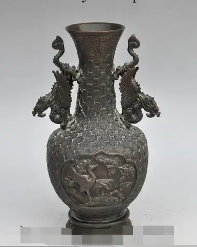 

S01058 10" chinese fengshui bronze crane bird dragon beast Statue Bottle Pot Vase Jar (B0413)