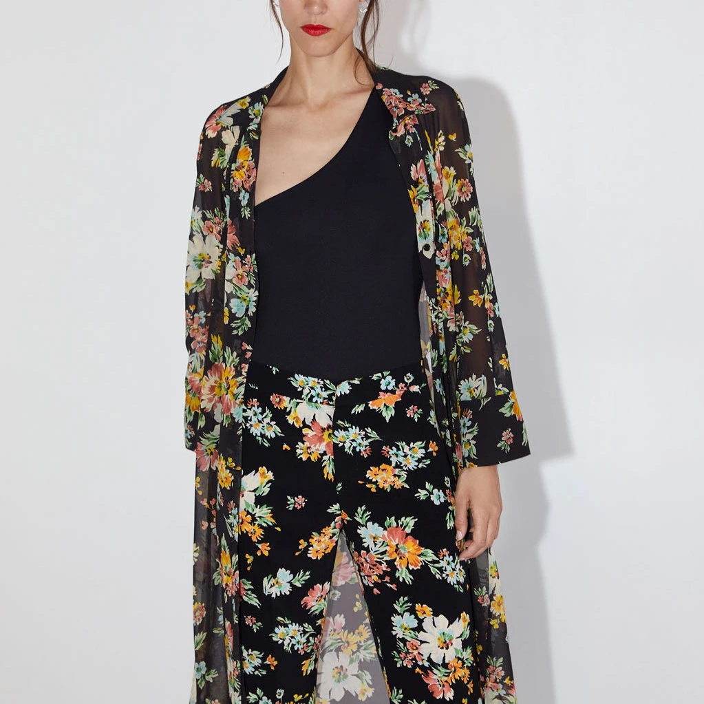 

Street Fashion Female Suit Long Shirt Flared Trousers Print Chiffon Comfortable 2019 Autumn Vintage