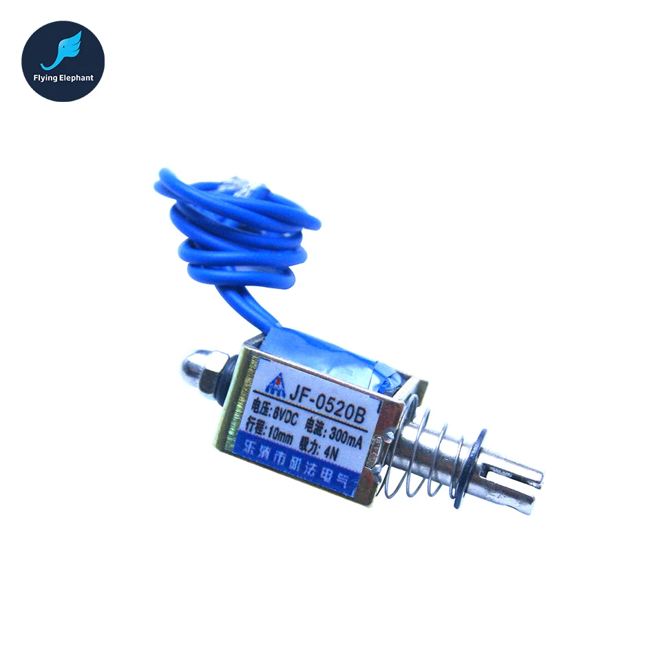 

JF-0520B DC 12V or 24V Push Type Open Frame Linear Solenoid Electromagnet Suction 40g 10mm 0.3A 4N Holding