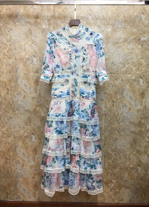 

2019 Summer New Female Small Collar Ear-edge Lace Stitching Printed Mid-sleeve Dress 703