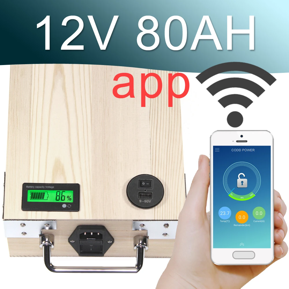 12V 80AH APP Lithium ion Electric bike Battery Phone control USB 2.0 Port Electric bicycle
