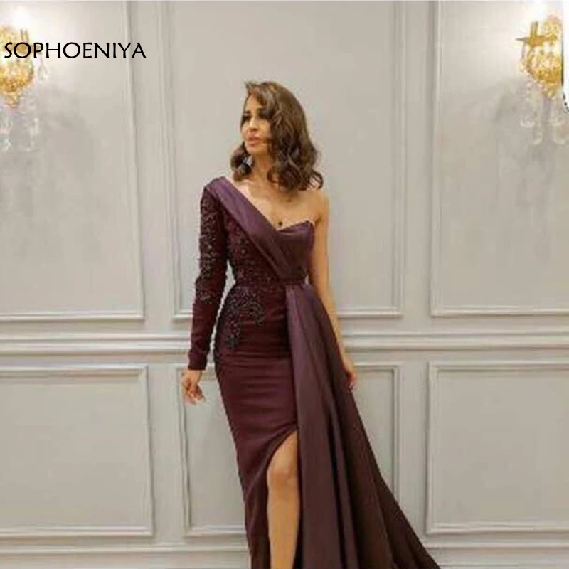 

New arrival Purple Long sleeve evening dress Slit side sexy Dubai Kaftan evening dresses 2019 Crystals Beaded evening gown