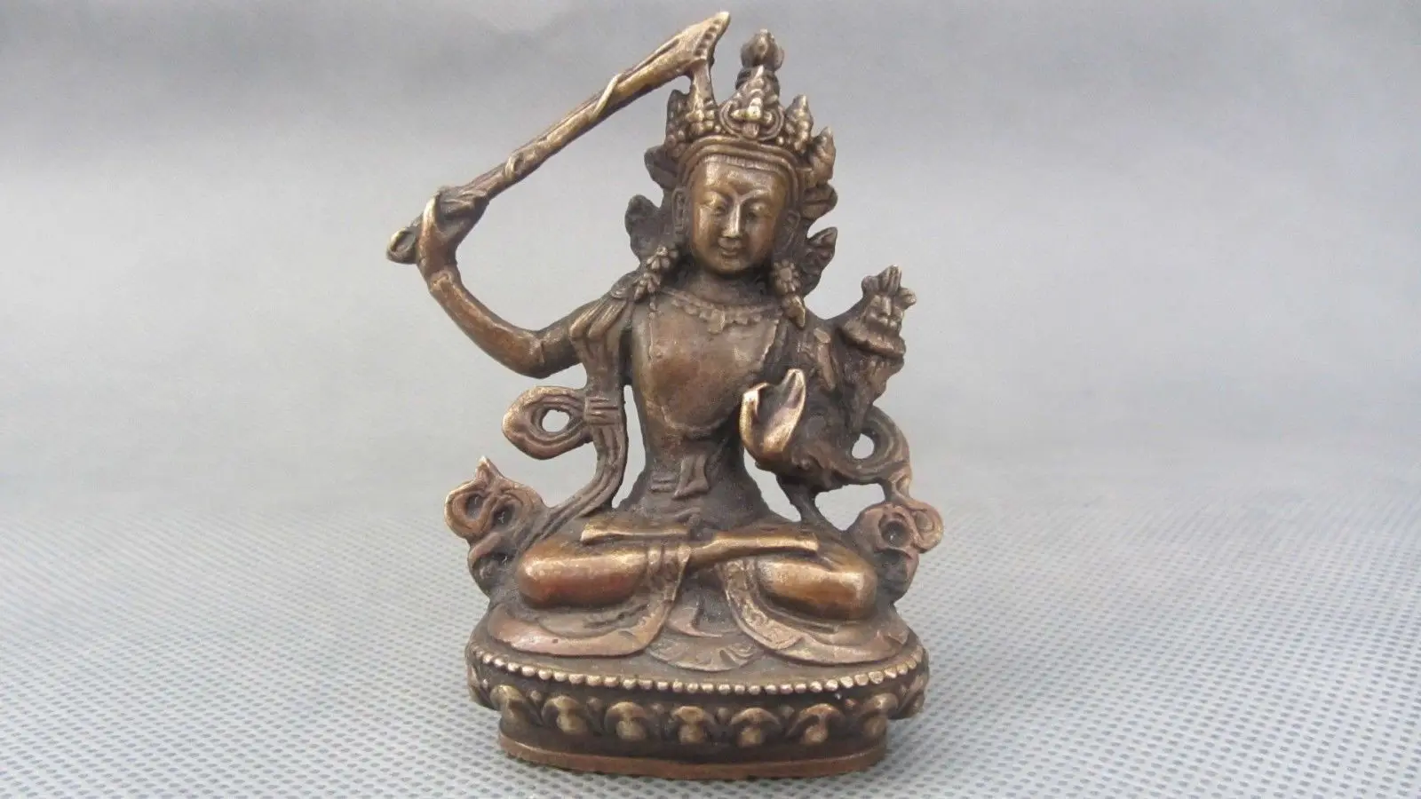Old tibet buddhism bronze gilt Manjushri Bodhisattva hold Sword buddha statue 