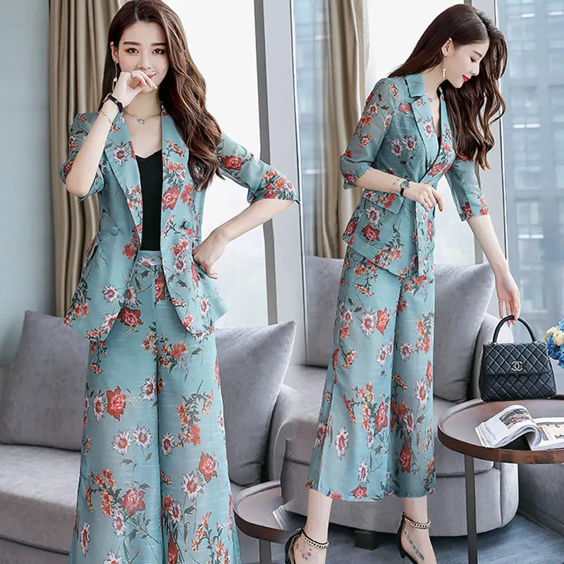 

female summer OL new fashion Cotton linen pants suit printing blazer + wide leg pants linen two-piece Business Pants Suits set