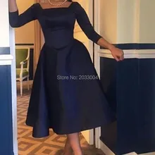 Tea Length Arabic Style Black Matte Satin Formal hijab Evening Dress with 3/4 Sleeve Vestido De Festa