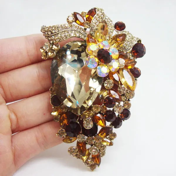 

3.62" Unique Flower Cluster Gold-Tone Brooch Pin Pendant Rhinestone Crystal