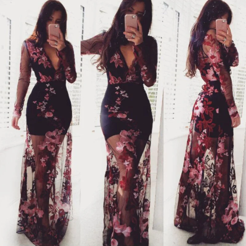 

Woman's Sexy V-neck Perspective Floral Mesh Embroidered Long Maxi Dress Fashion Length Sleeve Printed Elegant Dresses DR0077