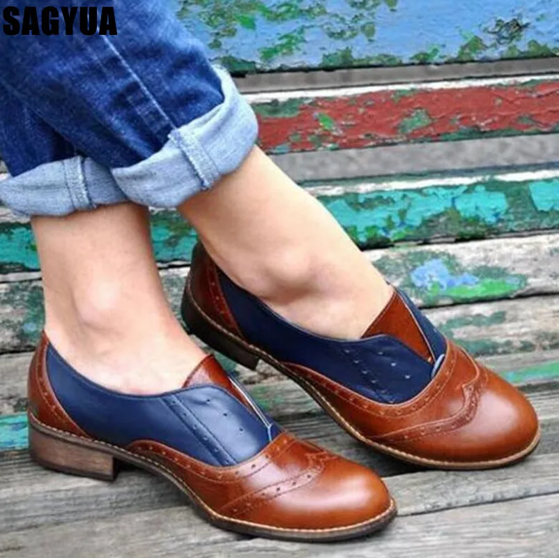 

2019 newest Mixed Colors women casual shoes Round Toe Low heel shoes Ladies Slip On Loafers shllow Brogue Shoes Plus size A27