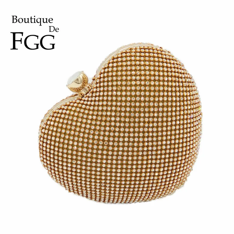 

Dazzling Gold Heart Women Crystal Clutch Evening Bag Chain Shoulder Crossbody Mini Wedding Party Handbag Bridal Diamodn Purse