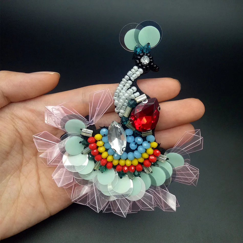 

3D Handmade Rhinestone beaded Patches elegant peacock,Sew on Crystal pearl patch for clothing beading Applique cute patch