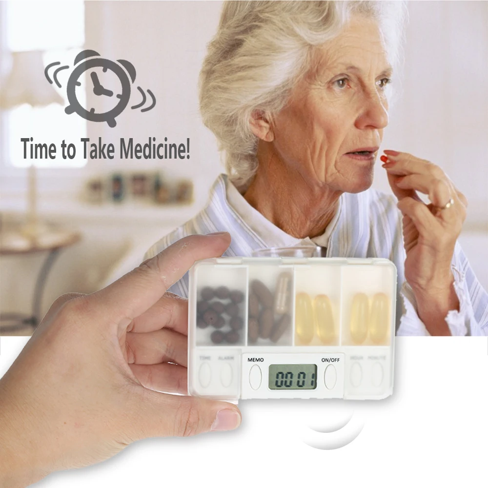 

Carevas 4 Grid Pill Reminder Medicine Box Organizer with Timer Portable Pill Dispenser Planner 4 Beeping Alarm Clock