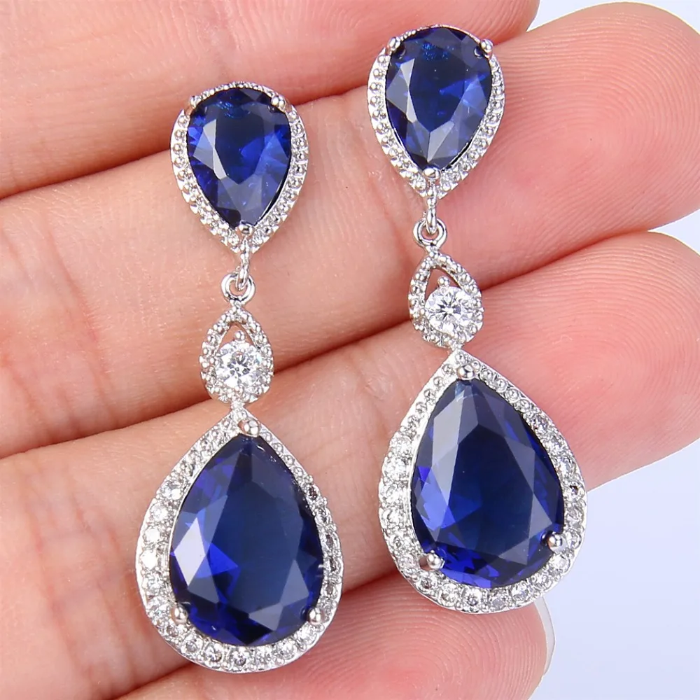 BELLA Fashion Blue Tear Drop Bridal Earrings Cubic Zircon Pierced ...