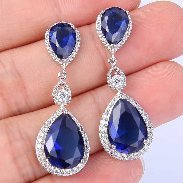 BELLA Fashion Blue Tear Drop Bridal Earrings Cubic Zircon Pierced