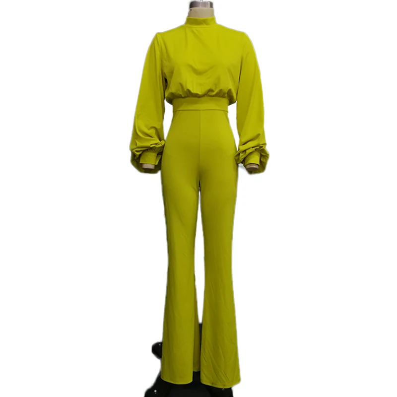 2019-Women-Elegant-Fashion-Slim-Fit-Yellow-Solid-Skinny-Casual-Overalls-Office-Look-Work-Lantern-Sleeve